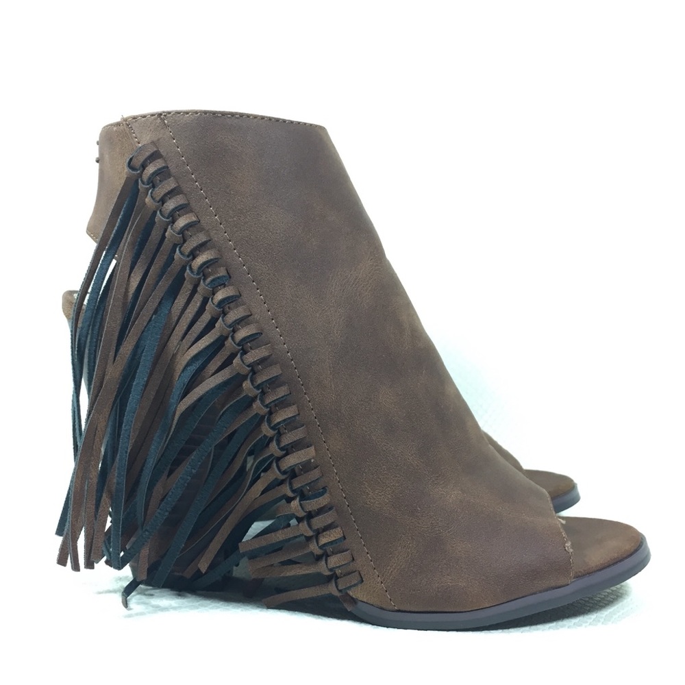 Cathy Jean Vegan Suede Fringed Open Toe Booties 7